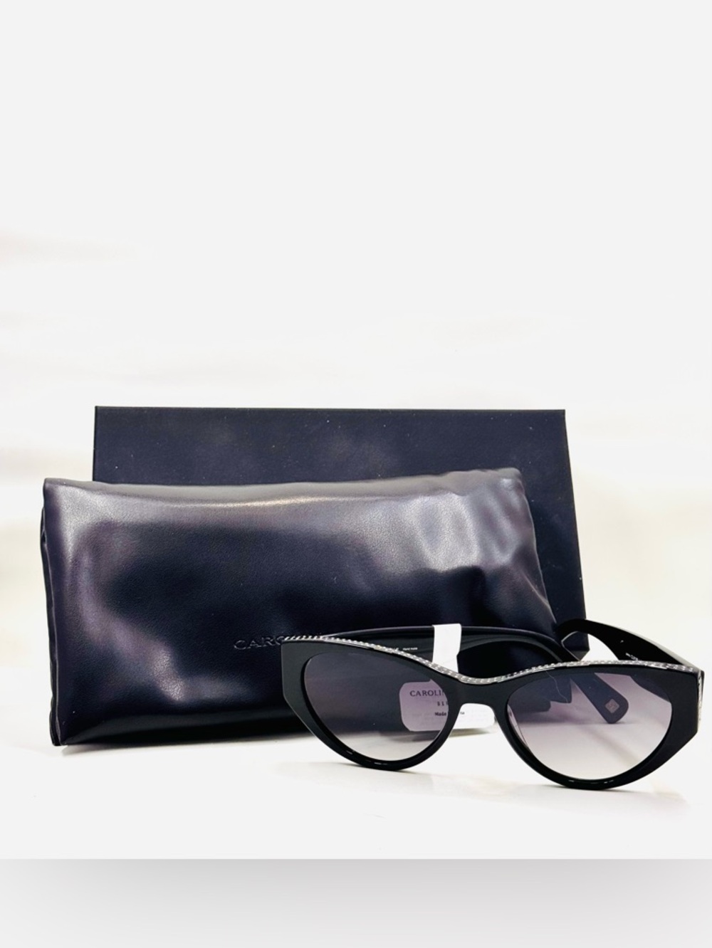 Carolina Lemke “Jenny” Black Cat-Eye Sunglasses W/Crystal Detail & Case NWT